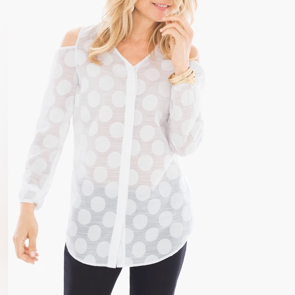 Chico’s Textured White Polka Dot Cold Shoulder Button Down Cut Out Top